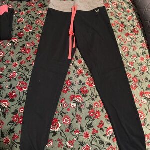 PINK Victoria's Secret Black Leggings with Gray Waistband and Pink Tie